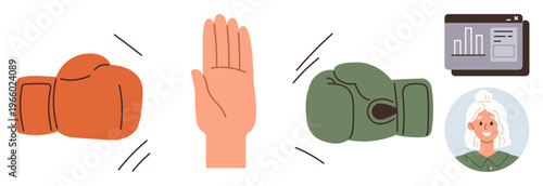 Conflict resolution, teamwork, communication, decision-making, data analysis, leadership. Boxing gloves and hand gesture paired with a dashboard and person. Conflict resolution and teamwork concept