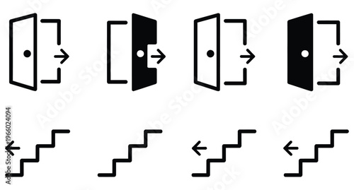 Entry and exit vector icon collection, open door symbols, staircase direction signs with up and down arrows, stairs up and down icons, clear minimal design