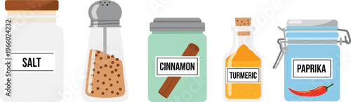 Set of spice jars and condiments salt pepper cinnamon turmeric paprika vector illustration kitchen ingredients seasoning collection isolated design