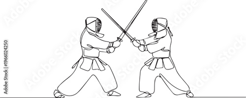 Minimalist Line Art Kendo Fighters Sparring – Martial Arts, Sport and Training Concept