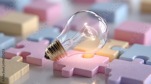 Light Bulb on Puzzle Pieces in Soft Pastel Colors Displaying Ideas