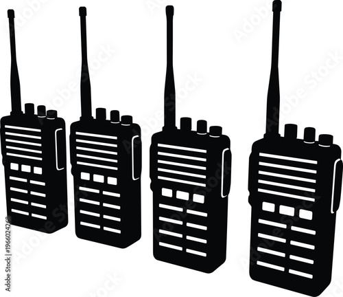 Set of portable walkie talkie radios black silhouette communication devices isolated wireless transceivers for security emergency and industrial operations