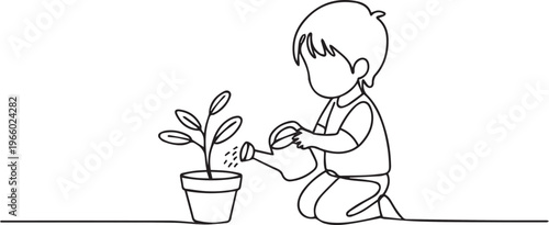 Minimalist Line Art Child Watering Plant While Kneeling – Learning, Care, Growth and Responsibility Concept
