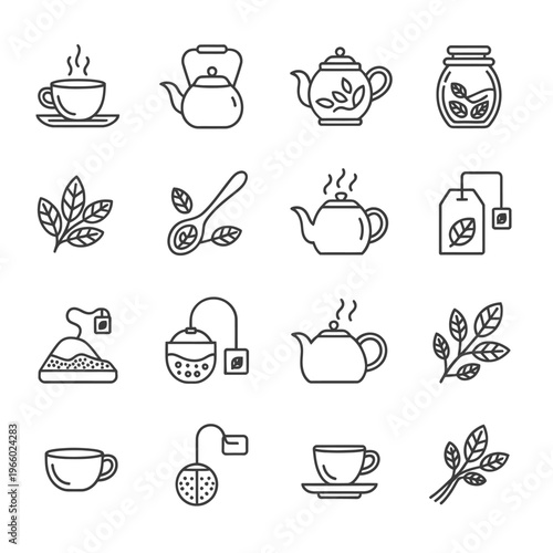 Collection of tea related icons cups teapots leaves and accessories