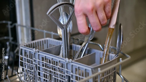 Hands placing utensils into a dishwasher basket for cleaning and organization