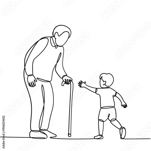 A continuous line drawing depicts a grandfather and grandson connecting