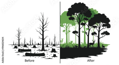 A stark visual comparison depicts deforestation alongside reforestation highlighting environmental impact in a striking silhouette high quality professional detailed modern elegant