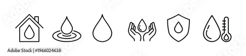 Water drop and eco house outline icon set featuring residential home with droplet, water ripples, hand holding drop, protective shield, and thermometer vector illustration on editable stroke