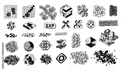 Experimental retrofuturistic vector pack with glitch pixel symbols 3D wireframe shapes and brutalist geometric elements isolated on white