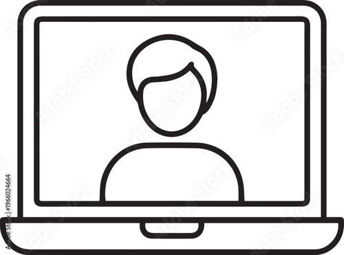 Online Meeting, Video Call or Remote Work Concept – Laptop with User Avatar Minimal Line Art Illustration