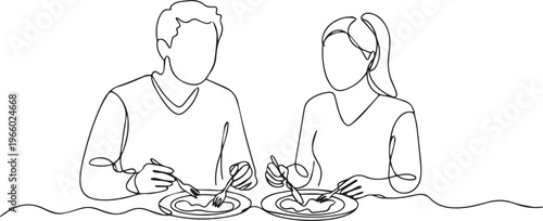 Minimalist Line Art Couple Eating Together – Relationship, Lifestyle, Dining and Everyday Life Concept