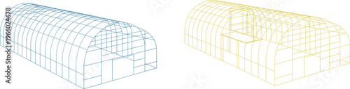 Wireframe warehouse building structures with metal frame construction blueprint design industrial hangar architecture vector illustration isolated concept