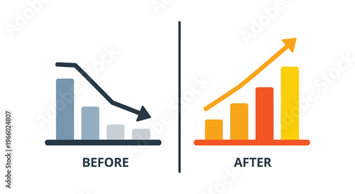 A visual comparison of declining and improving data trends presented with bold colors and a distinct silhouette high quality professional detailed