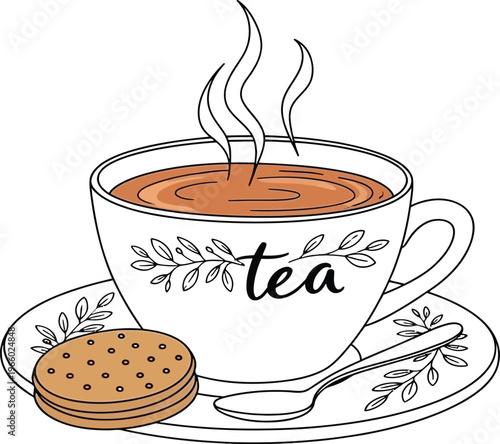 A cozy cup of tea with biscuits on a matching saucer and plate Vector