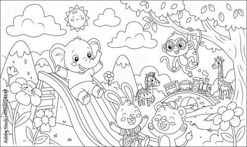 Cute cartoon animals playing in park scene with elephant, rabbit, monkey, bear, giraffe and train, black and white line art illustration for kids coloring book page