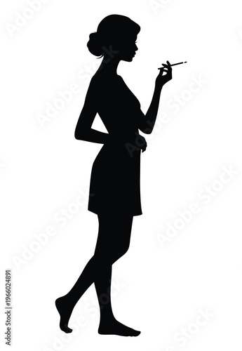 Young woman in towel brush her teeth getting ready for work in the morning side view, vector silhouette isolated on white background