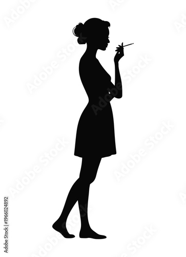 Young woman in towel brush her teeth getting ready for work in the morning side view, vector silhouette isolated on white background