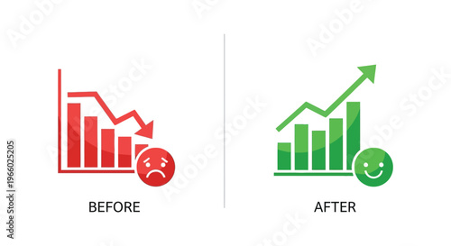A visual comparison of declining and improving trends depicted with charts and faces utilizing silhouette high quality professional detailed modern elegant
