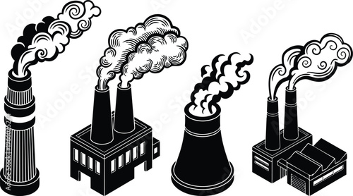 Black and white vector smokestacks and cooling towers four factory silhouettes