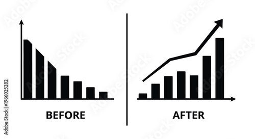 A visual comparison of declining and improving trends represented by bar graphs labeled before and after silhouette high quality professional