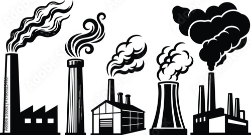 Black and white factory smokestacks emitting stylized smoke vector art with cooling tower silhouettes