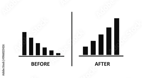A comparison of bar graphs showing declining and increasing trends labeled before and after silhouette high quality professional detailed modern