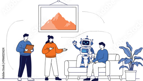 Artificial intelligence robot interacting with people in modern office or home living room setting flat vector illustration conceptual scene isolated on white background