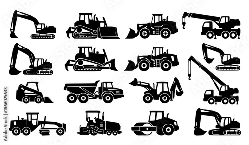 Heavy Equipment Silhouette Collection with Excavators Bulldozers Loaders and Cranes Minimal Vector Set