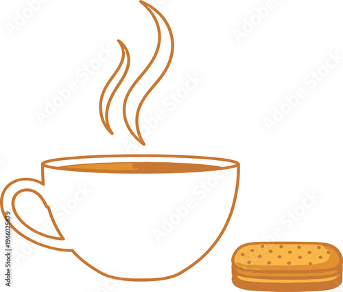 A warm cup of coffee with a biscuit beside it on a plain background Vector