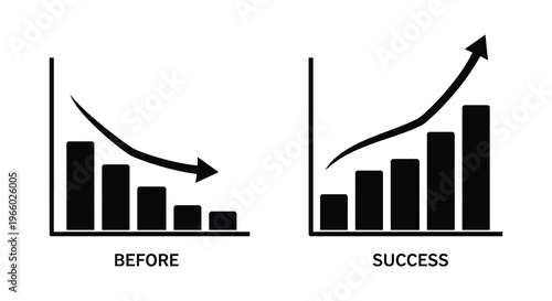 A contrasting graph depicts a decline labeled before and an ascent labeled success in black silhouette high quality professional detailed modern