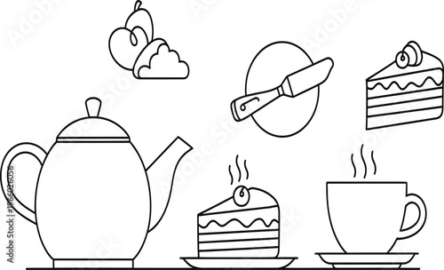 Whimsical illustration of classic tea time elements and pastries Vector