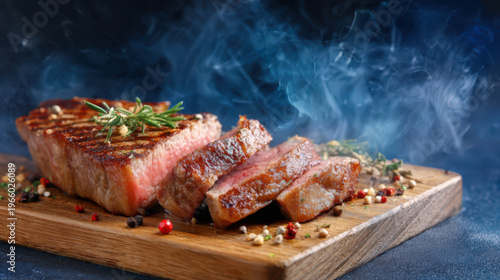 Close-up of a delicious steak, lean, grilled, sliced, on a wooden board before dark blue background