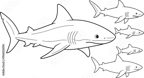 School of sharks swimming together in the ocean depths Vector