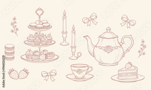 Tea party dessert set outline sketch vector illustration. Vintage tea party set with teapot cupcakes cake stand and elegant candles for invitations and scrapbook design hand-drawn