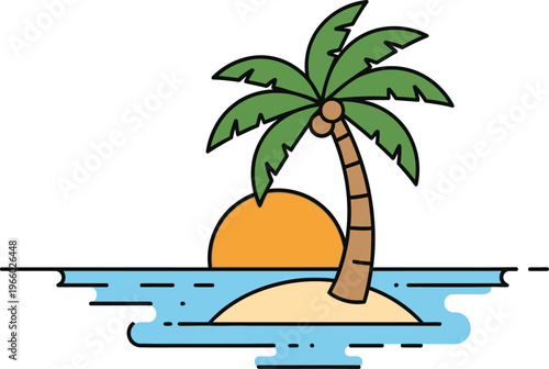 A serene tropical island with a lone palm tree and a setting sun in the background Vector