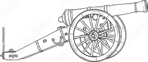 Historical depiction of an old fashioned cannon on wheels with detailed carriage Vector