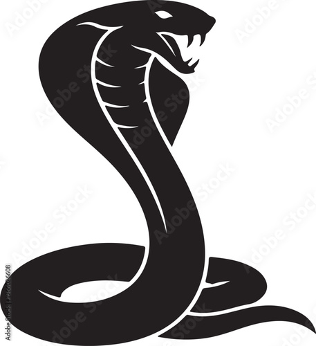 Black and white stylized silhouette of a cobra snake with its hood flared and mouth open.