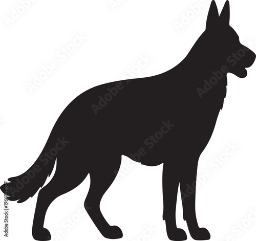 Black silhouette of a standing german shepherd dog isolated on a white background