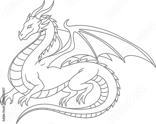 An intricately drawn dragon sitting majestically with wings spread out Vector