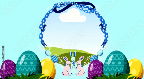 Easter Background with easter eggs, bunnies, and basket