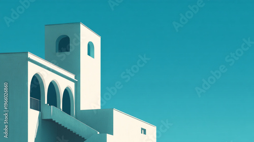 Modern White Building With Arches And Tower Under Blue Sky For Architectural Concepts
