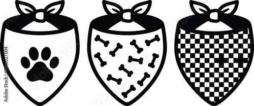 Black and white bandanas with paw bone and checker motifs trio flat vector line art