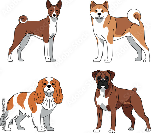 Cartoon Dog Icon Set Featuring Various Breeds Including Basenji, Shiba Inu, Cavalier King Charles Spaniel, and Boxer