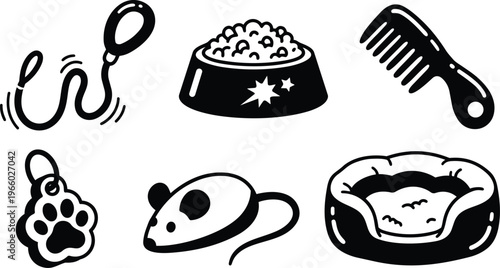Black and white pet supply icons leash bowl comb paw tag mouse toy bed vector art