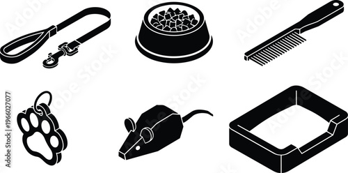 Black and white pet accessory icons leash bowl comb tag mouse and litter tray vector art