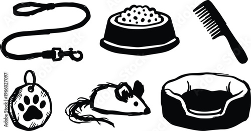 Black and white pet accessories set with leash bowl comb tag toy mouse and bed
