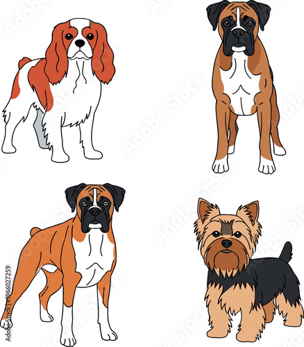Cartoon Dog Icon Set Featuring Various Breeds Including Cavalier King Charles Spaniel, Boxer, and Yorkshire Terrier