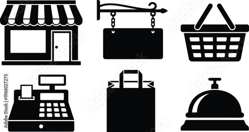Black and white shopfront awning shopping icons set showing basket register bell and hanging sign