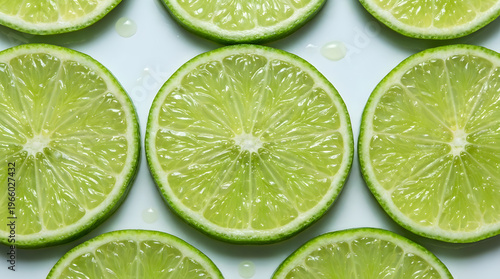 Lime slices beautifully arranged on a clean, white background. Perfect for summer themed designs, food blog posts, or refreshing beverage advertisements.