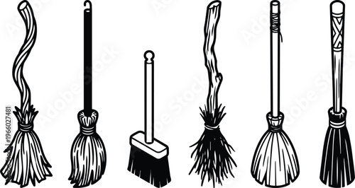 Six black and white broom line art showing varied handles and bristles